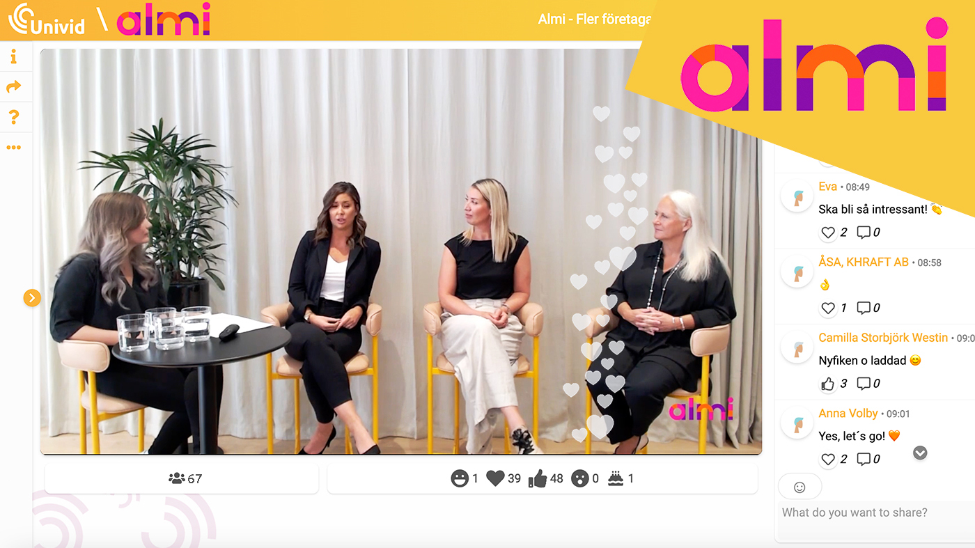 Almi Stockholm Sörmland hosts a digital coffee talk in webinar format to discuss women entrepreneurship. In a graphically pleasant environment, the webinar could take place in a Univid session, where participants could chat, react, answer polls, ask questions to the panel and inspire each other! The Coffee talk panel consisted of Almi's CEO Sara Brandt, Lina Skandevall - expert on women's entrepreneurship and Natalie Kjellander, CEO of Let's Paint.