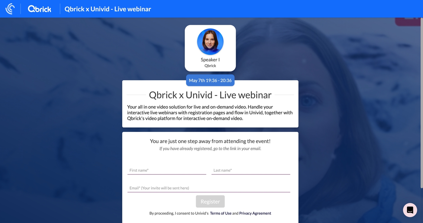 Qbrick är en ledande plattform för interaktiv video och videohantering. Koppla smidigt ihop Qbrick:s videoplattform med Univid:s webinarplattform. En Nordisk plattform för allt video.